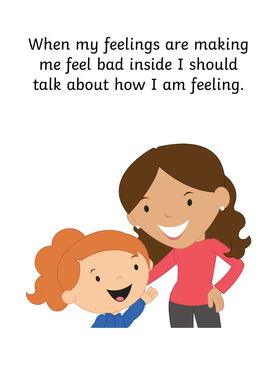 Story page 'I should talk about how I am feeling' showing a smiling girl and a woman with a hand on the girl's shoulder