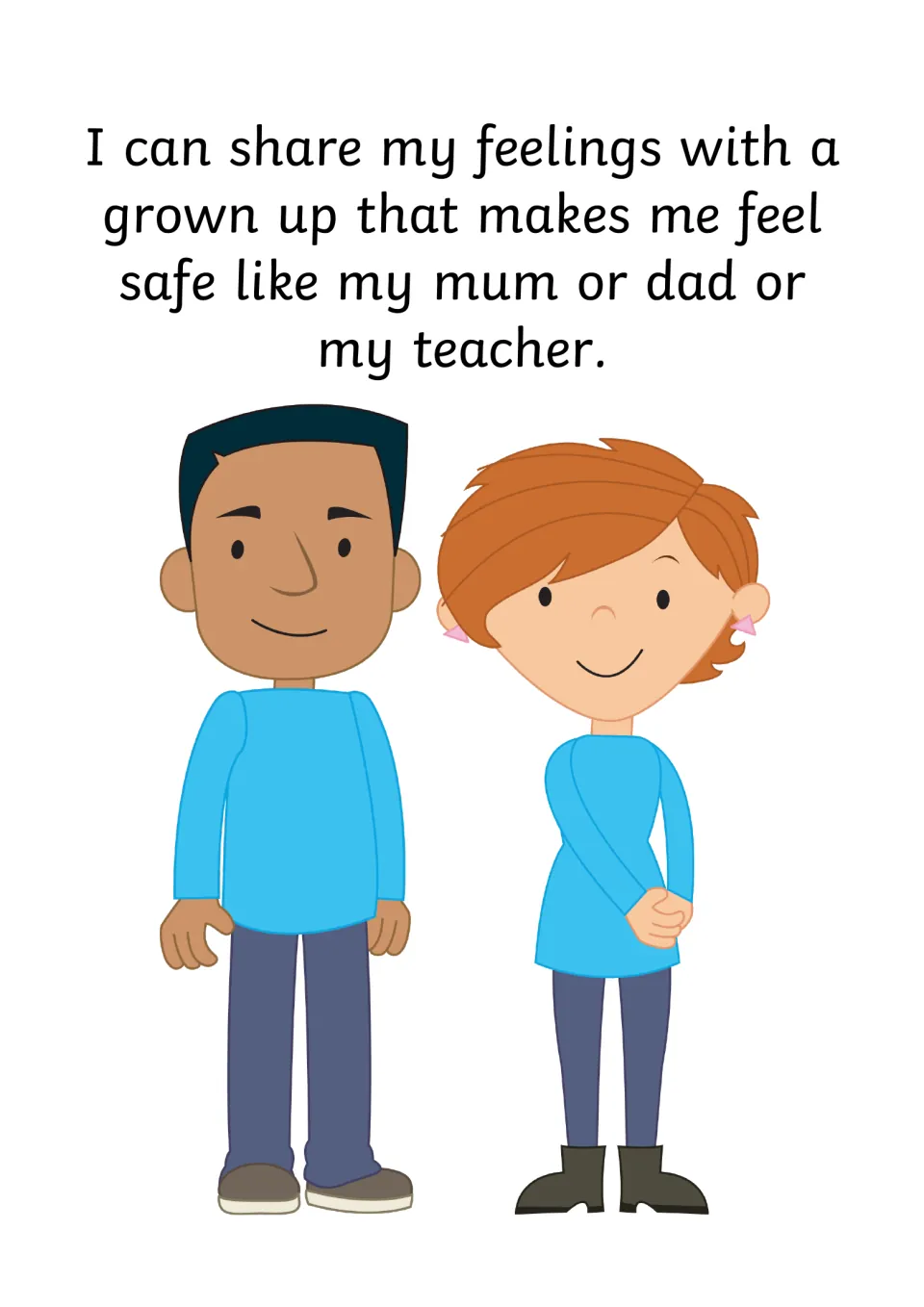 Story page about sharing feelings with a safe grown-up such as mum, dad or teacher, showing a man and a woman