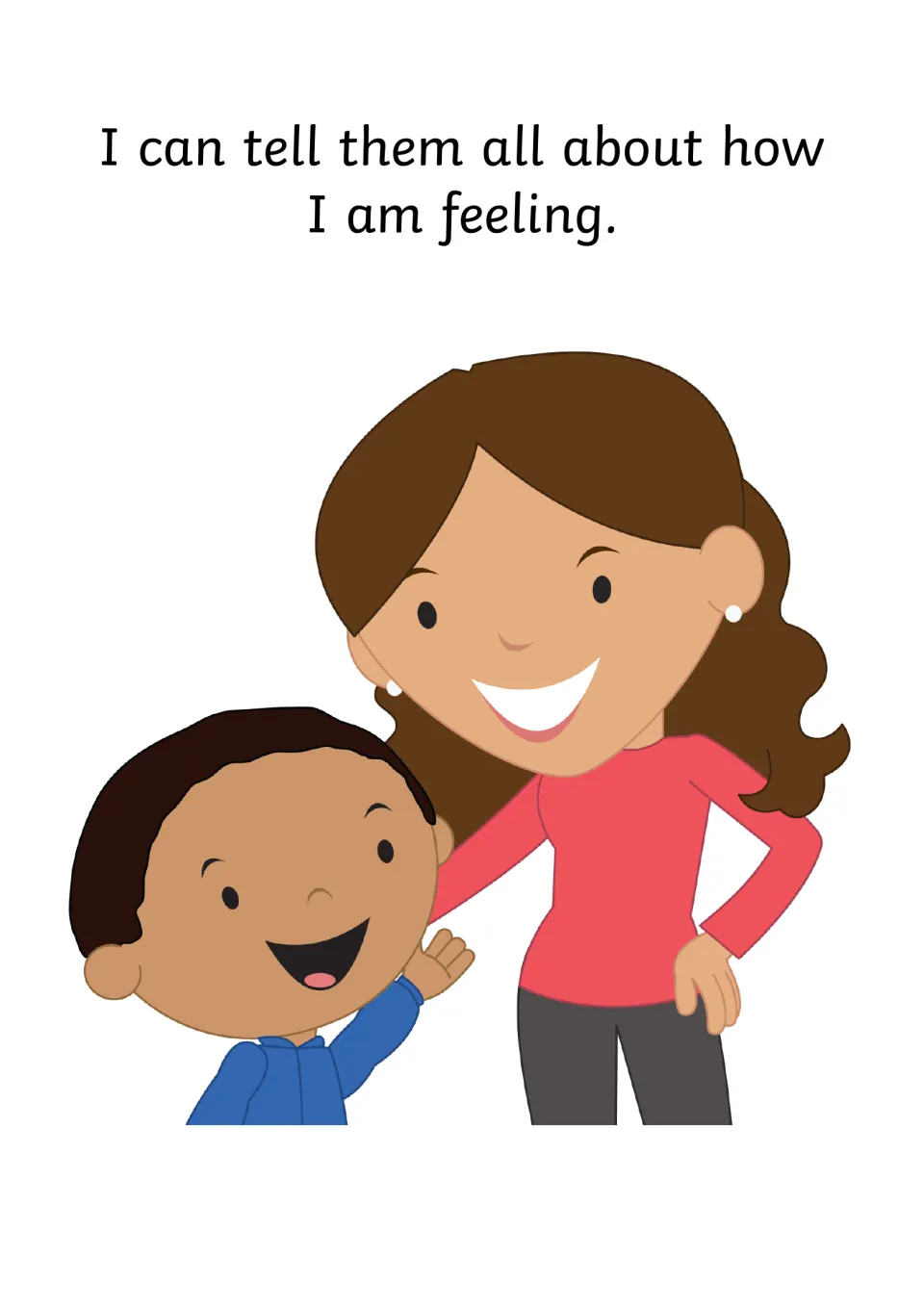 Final story page 'I can tell them all about how I am feeling' with a smiling boy beside a woman with her arm around him