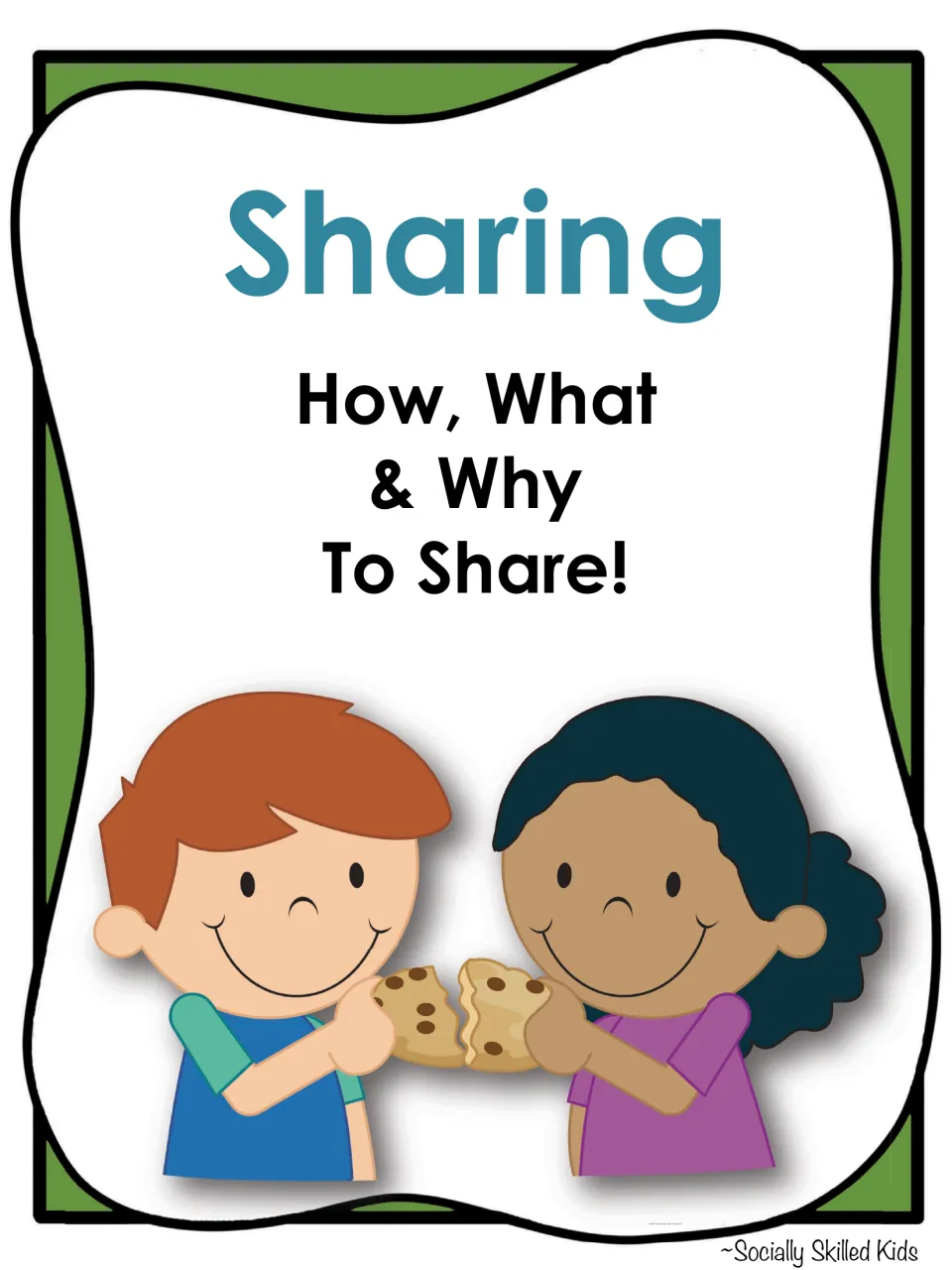 Sharing lesson cover titled 'Sharing: How, What & Why To Share!' showing two children sharing a cookie