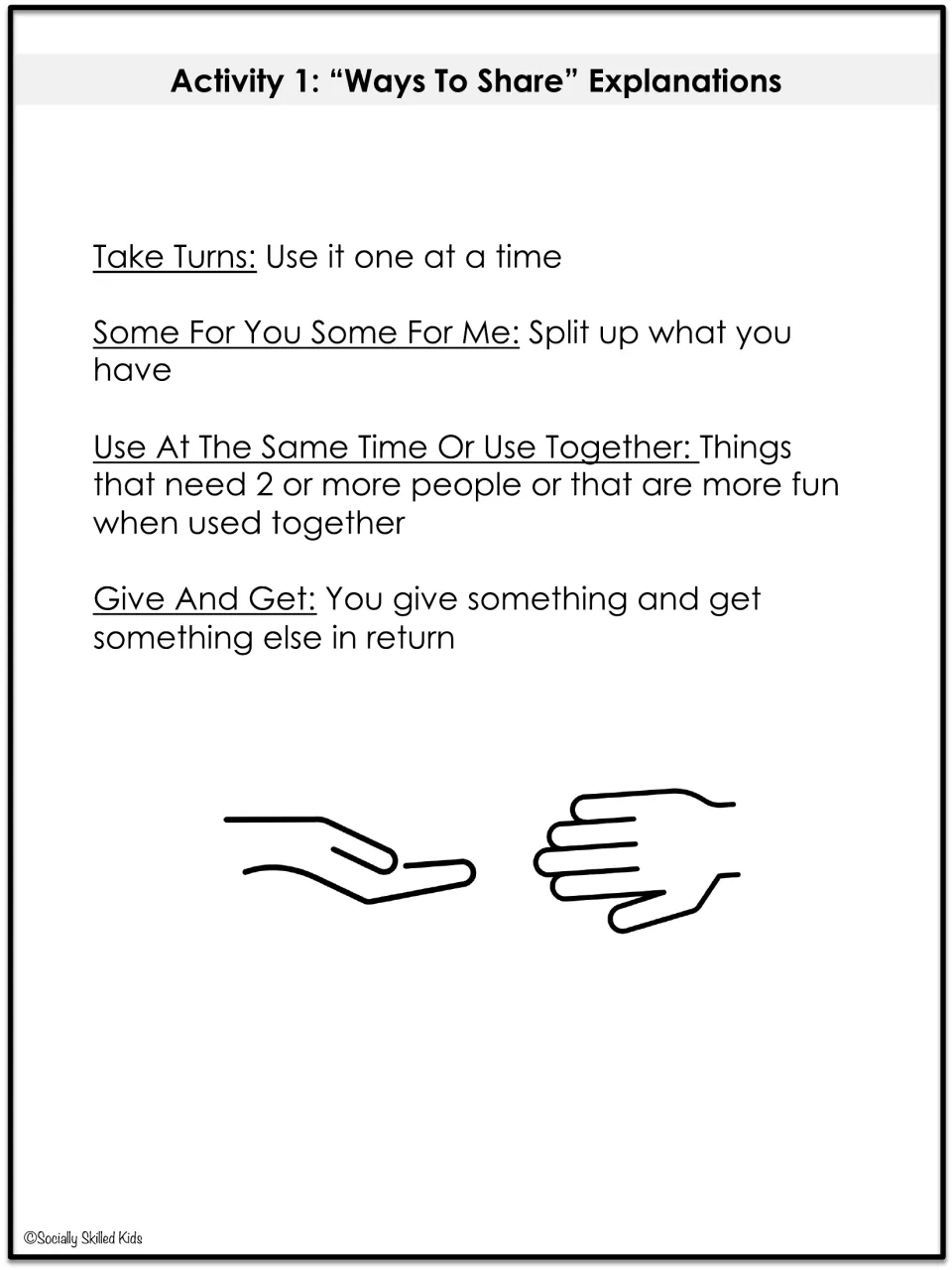 Sharing activity explanations define taking turns, splitting items, using things together, and giving and getting