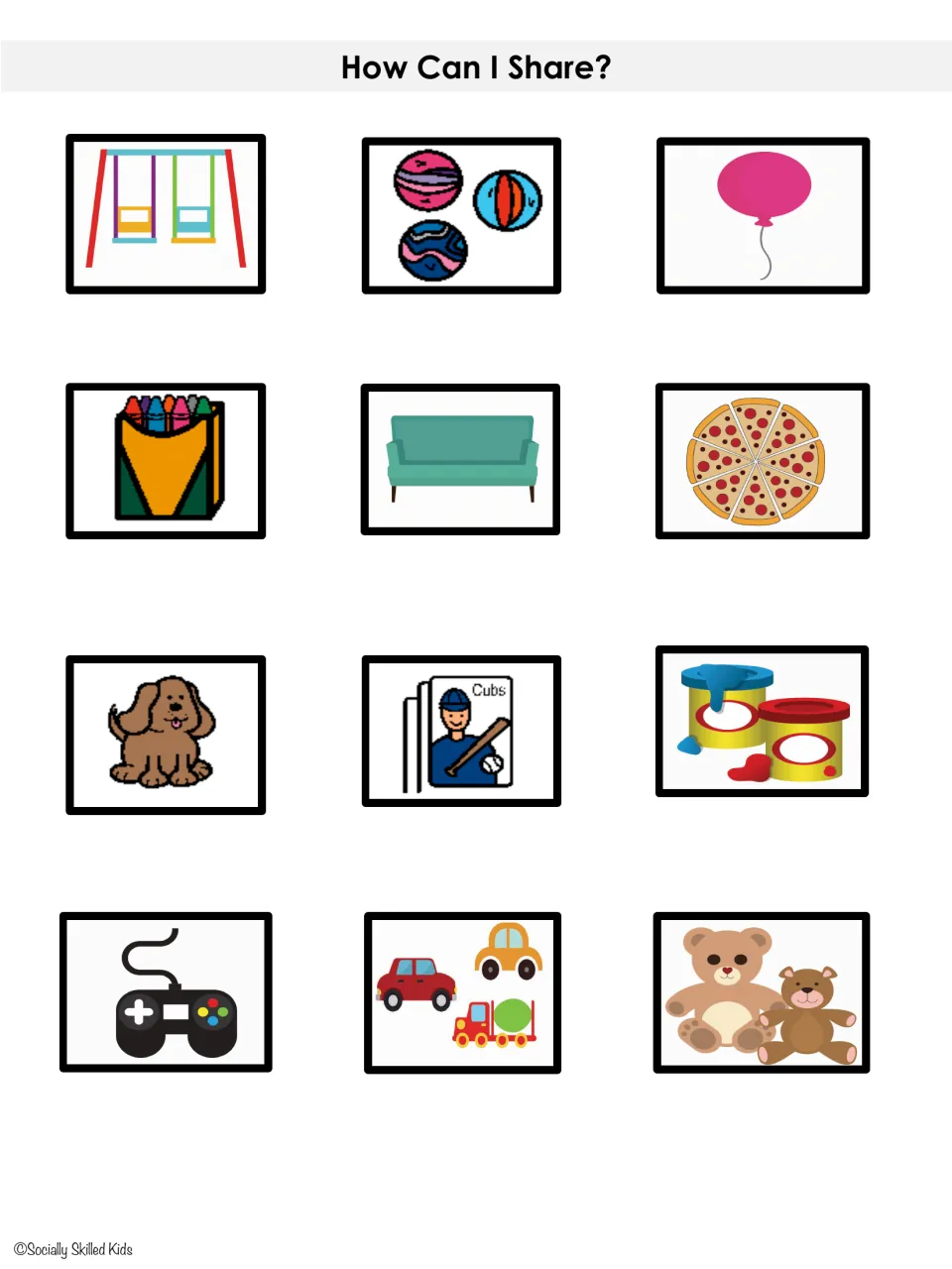 Sharing picture cards 1–12 show swings, balls, a balloon, crayons, a couch, pizza, and six more items