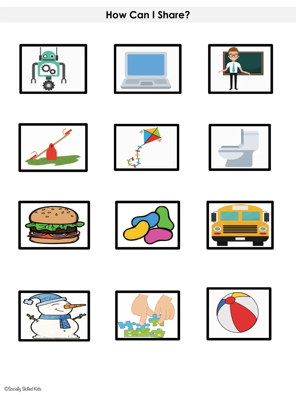 Sharing picture cards 13–24 show a robot, laptop, teacher, seesaw, kite, toilet, and six more subjects