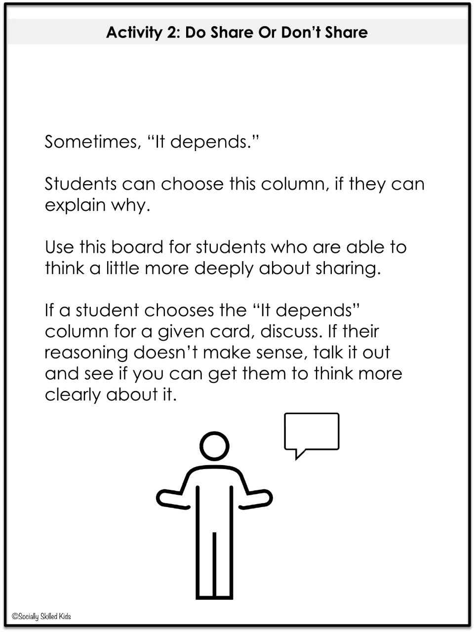 Activity 2 guidance explains when students can choose 'It depends' and asks them to explain their sharing decisions