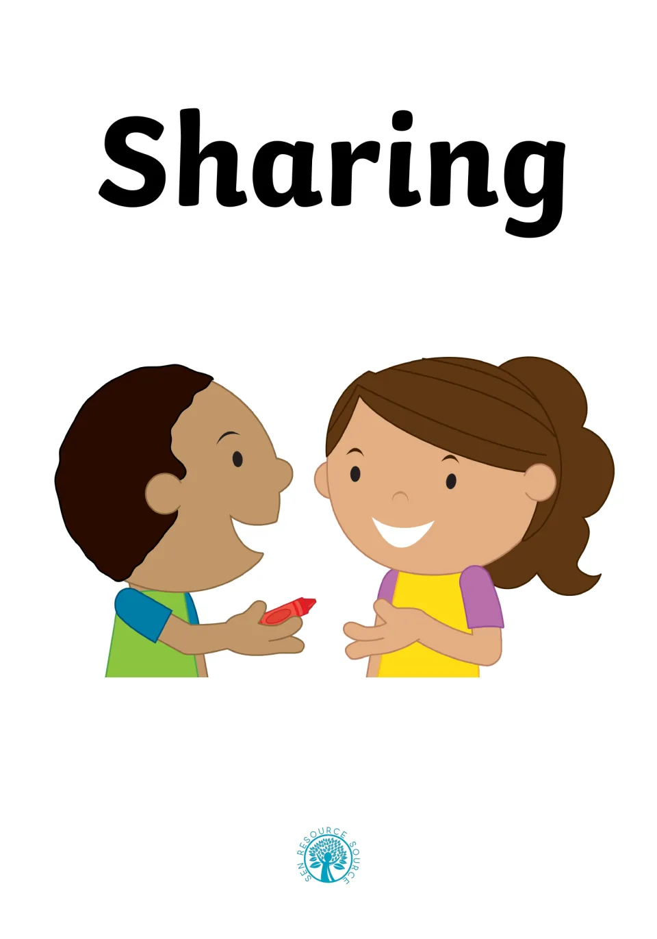 Social story cover titled Sharing: a smiling boy holds out a red crayon to a girl with open hands