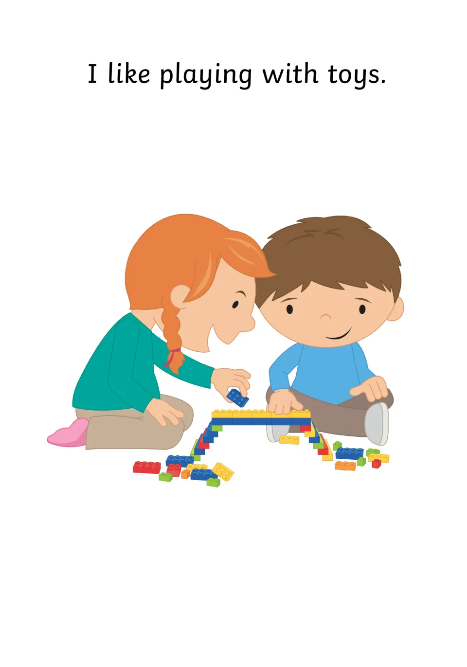 Story opening: text I like playing with toys, shown with a girl and boy building a bridge from plastic bricks