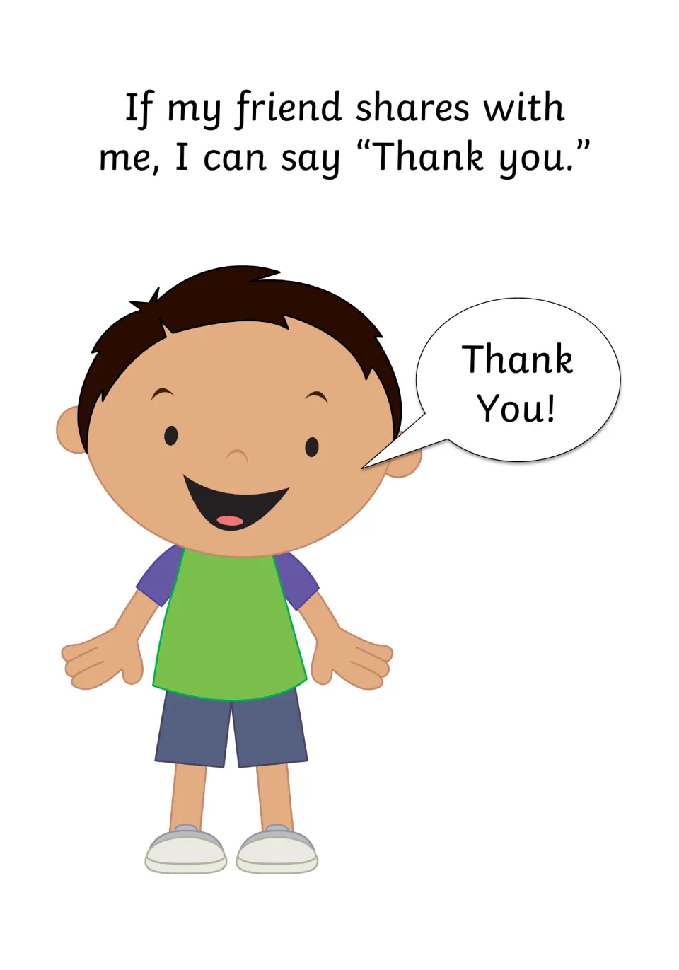 Saying thank you: a smiling boy with a Thank You! speech bubble after a friend shares with him