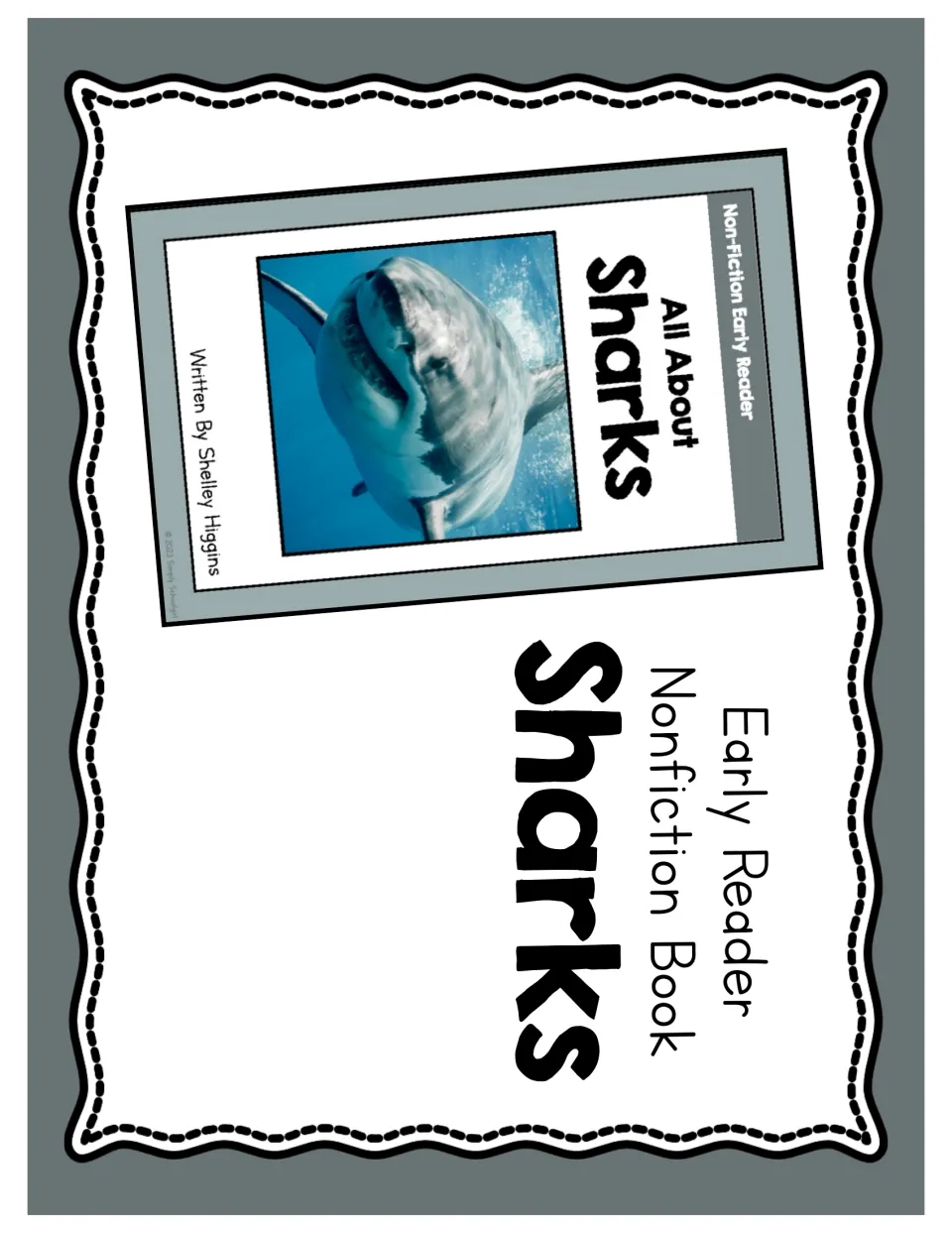 Reading packet cover labeled 'Early Reader Nonfiction Book Sharks,' showing the booklet cover and shark photo
