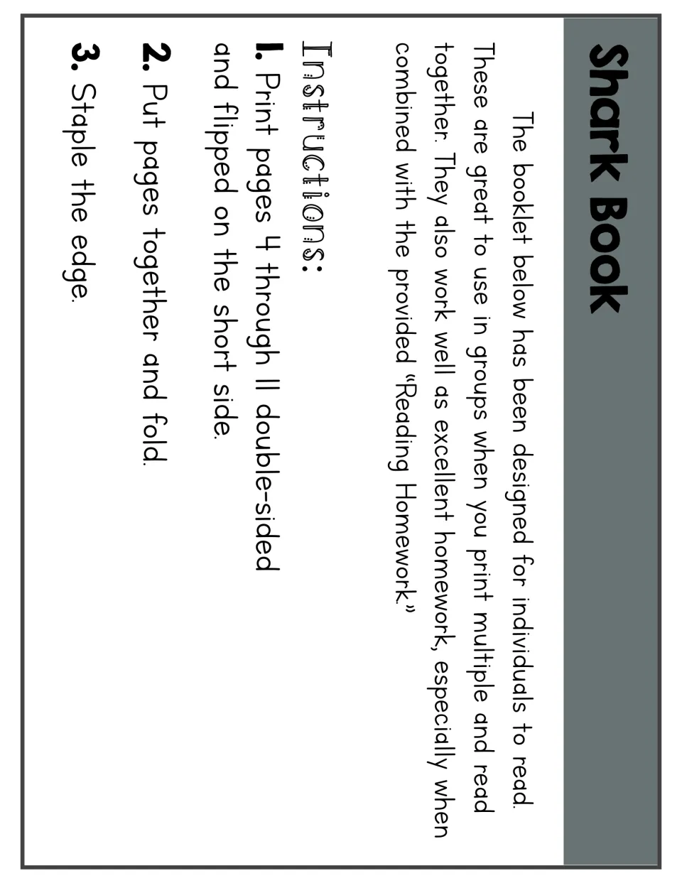 Shark booklet instructions: print pages 4–11 double-sided, flip on the short side, then fold and staple
