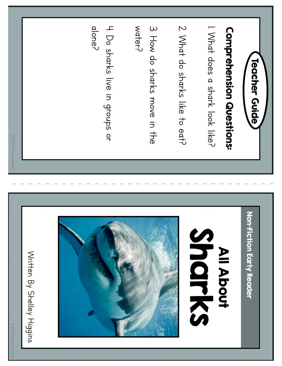 Booklet cover and teacher guide asking about shark appearance, food, movement, and living alone or in groups