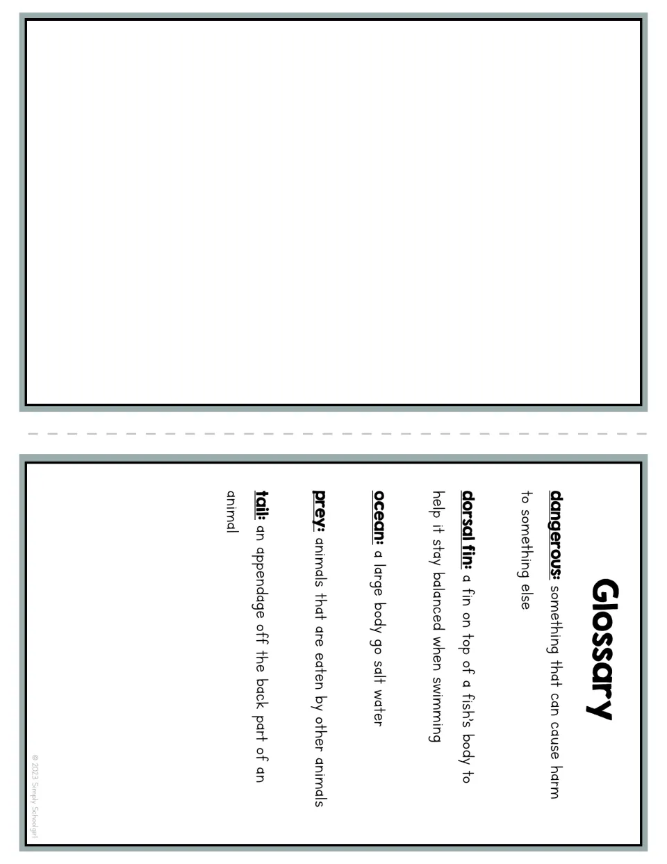 Shark reader glossary defines dangerous, dorsal fin, ocean, prey, and tail; the other booklet panel is blank