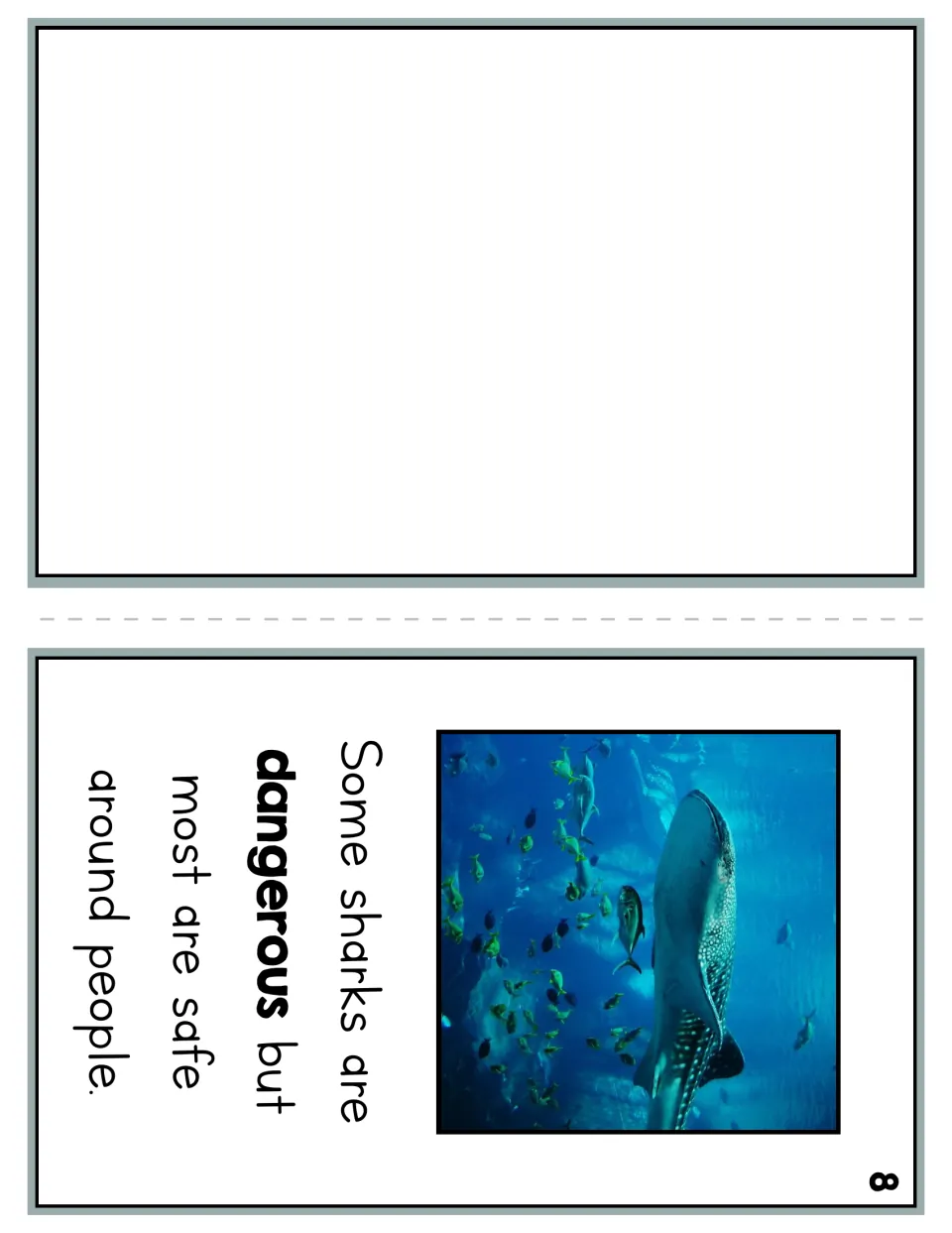 Reader page 8 says some sharks are dangerous but most are safe around people; the other panel is blank