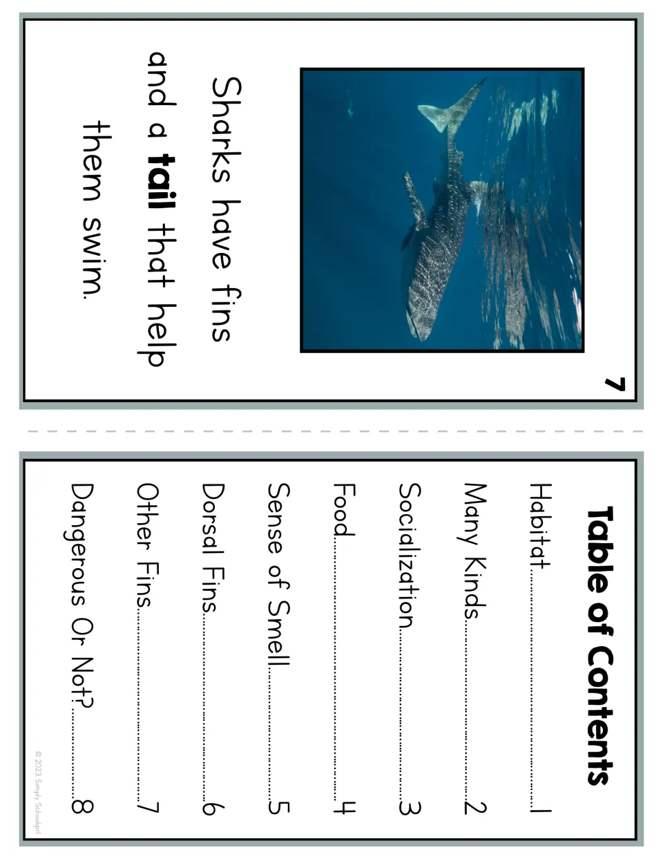 Reader page 7 explains that fins and a tail help sharks swim, paired with the eight-topic table of contents