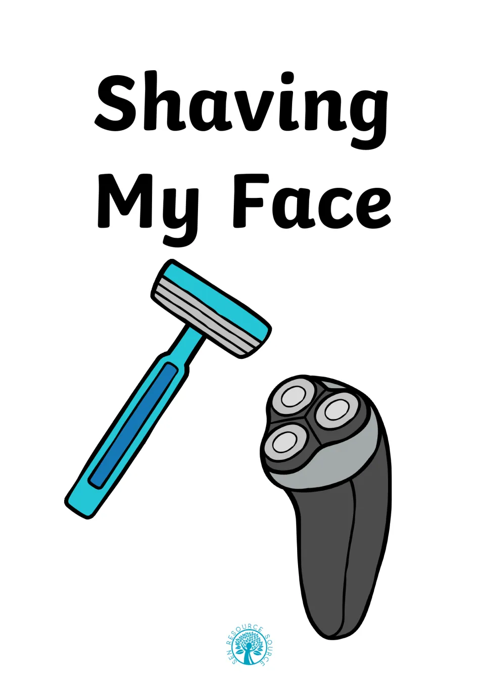 Social story cover titled Shaving My Face, showing a blue disposable razor and a black electric shaver