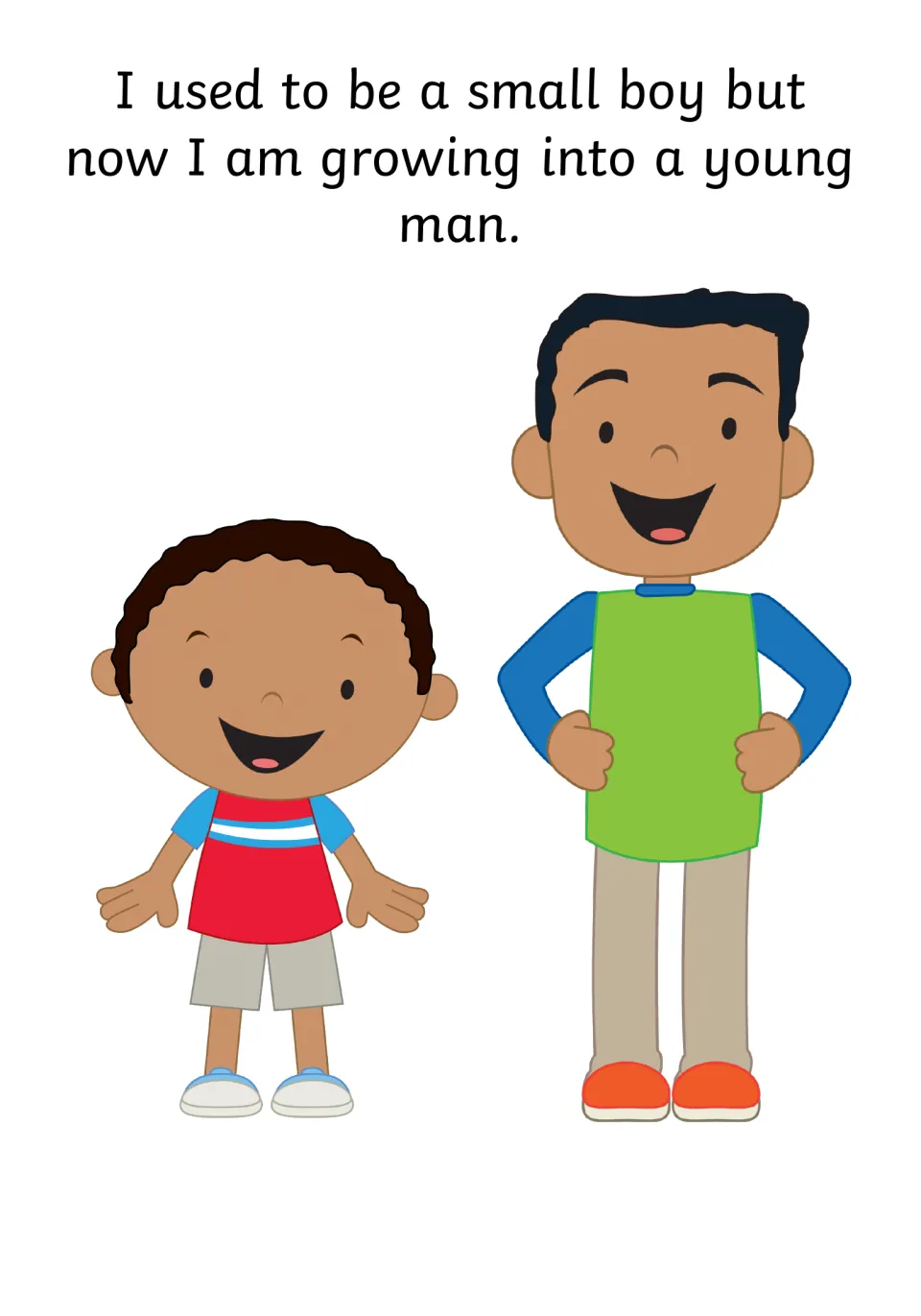 Growing up: a small boy in a red shirt stands next to a taller young man, showing change from boy to young man