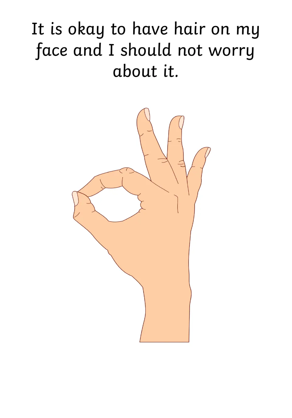 Reassurance about facial hair: an OK hand sign with text saying it is okay to have hair on my face