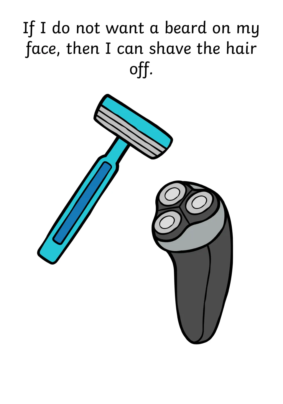 Choosing to shave: a razor and an electric shaver with text saying if I do not want a beard I can shave it off