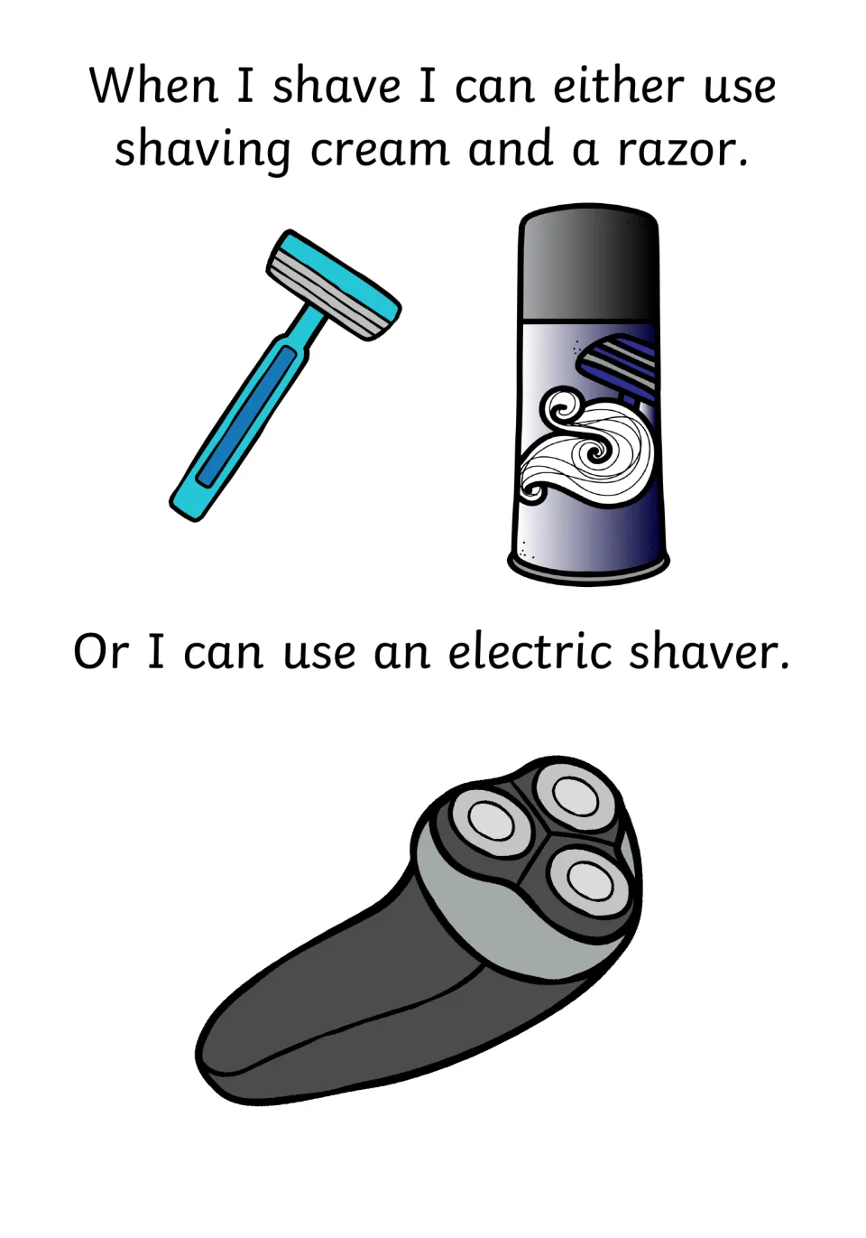 Shaving tools: a razor and a can of shaving cream, then an electric shaver, showing two ways to shave facial hair