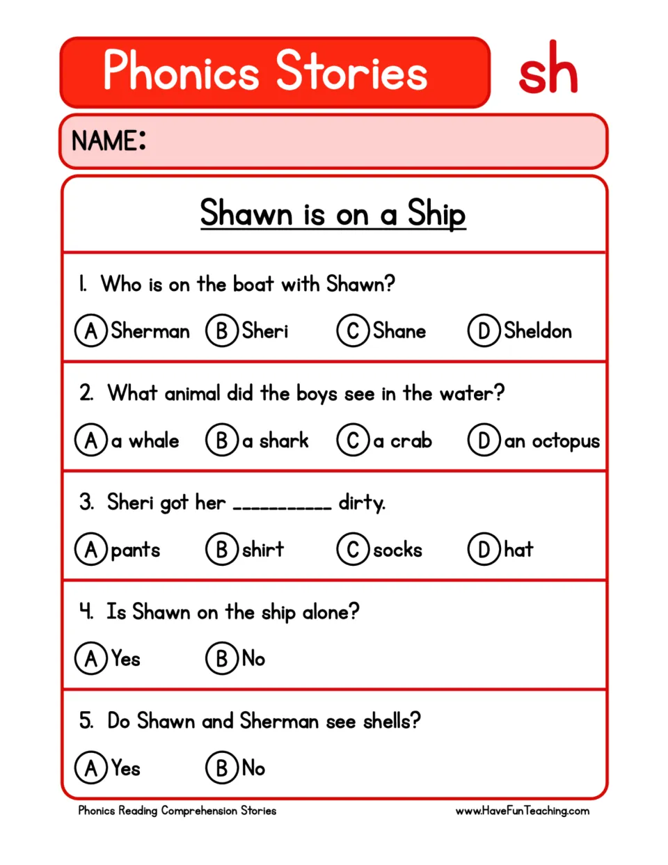 Shawn's ship story questions: students fill in bubbles for 5 multiple-choice and yes/no items to check comprehension