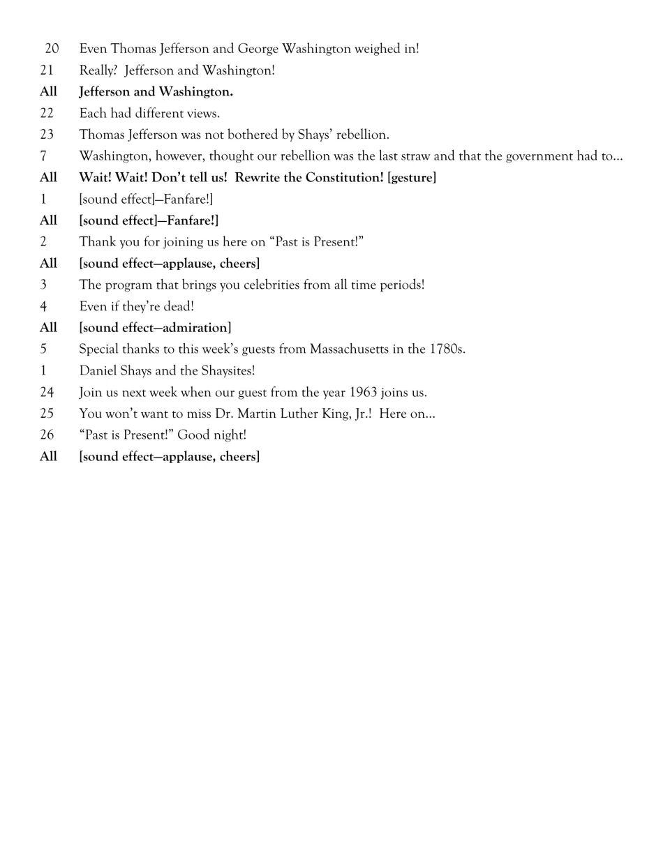 Projection script ending: Jefferson and Washington's reactions, followed by the hosts' closing remarks