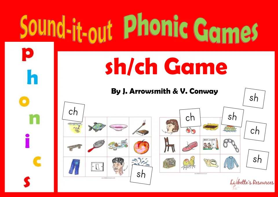 Sound-it-out Phonic Games cover for the sh/ch Game, showing two picture boards with sh and ch letter cards laid on them