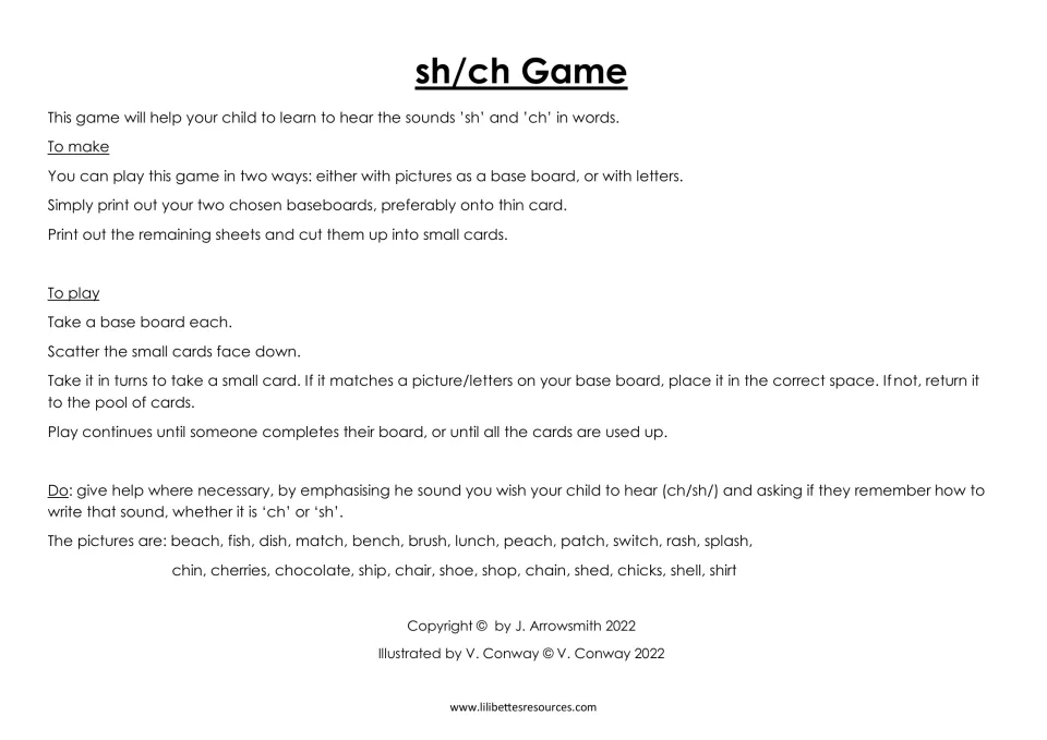 Game directions: how to make and play the sh/ch matching game, with a list of 24 picture words such as fish, chin and ship