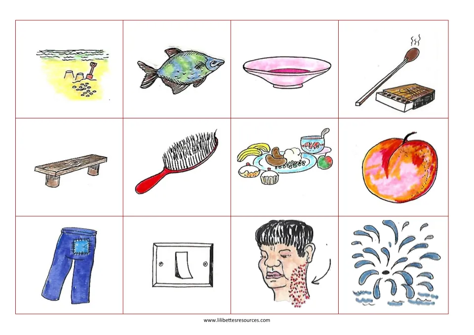 Base board: 12 pictures ending in sh or ch, such as fish, dish, brush, rash, beach, match and switch, for card matching