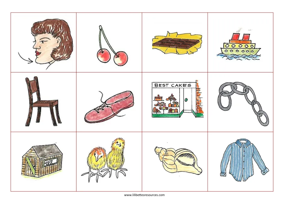 Second base board: 12 pictures beginning with sh or ch, including chin, cherries, chair, chain, ship, shoe, shed and shell