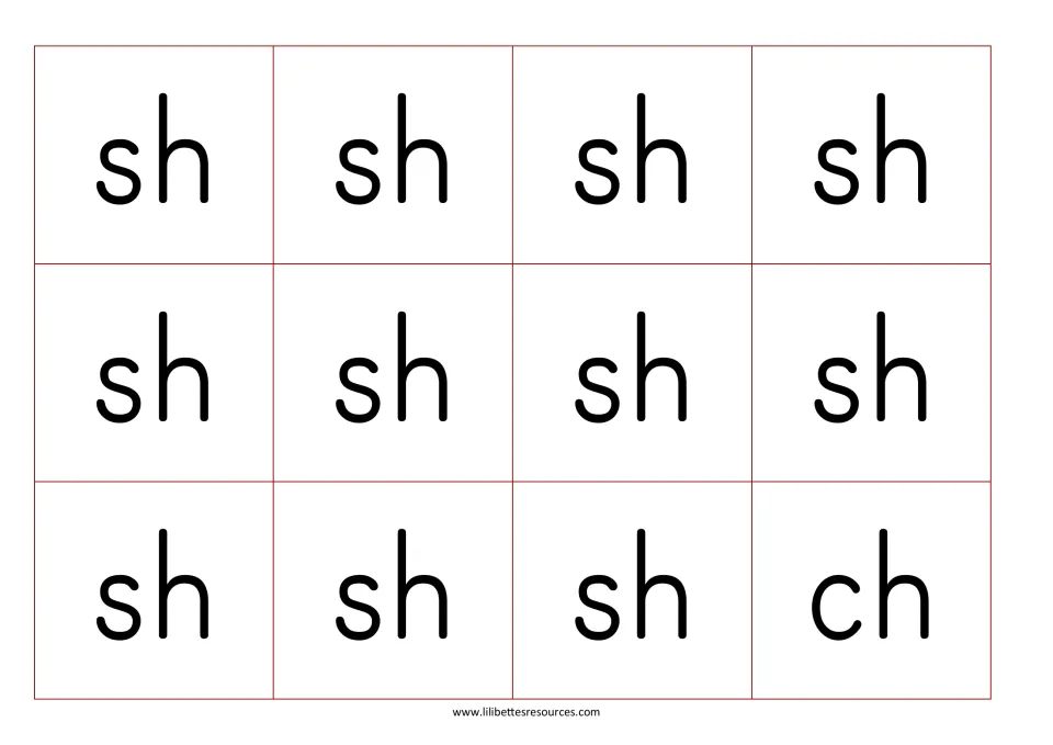 Digraph letter cards to cut out: eleven sh cards and one ch card that players draw and match to pictures with that sound