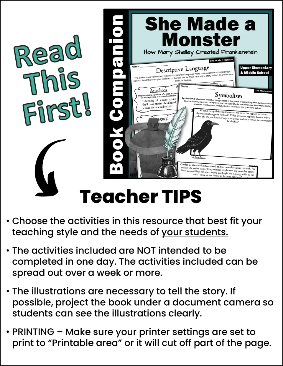 Teacher tips for choosing companion activities, pacing them over a week or more, showing illustrations, and printing