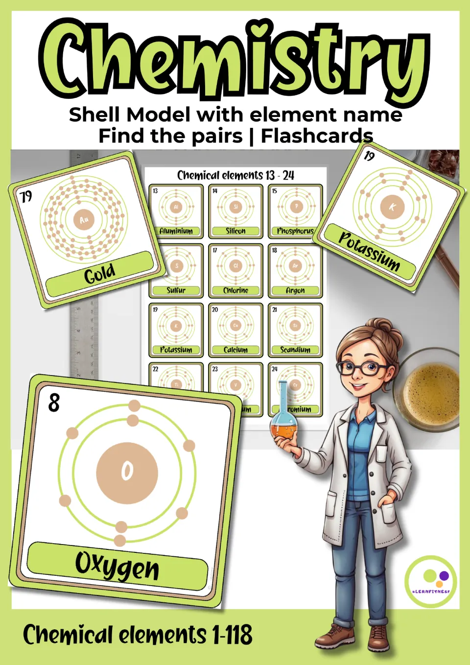 Cover for shell model flashcards covering elements 1–118, with sample gold, potassium, and oxygen cards
