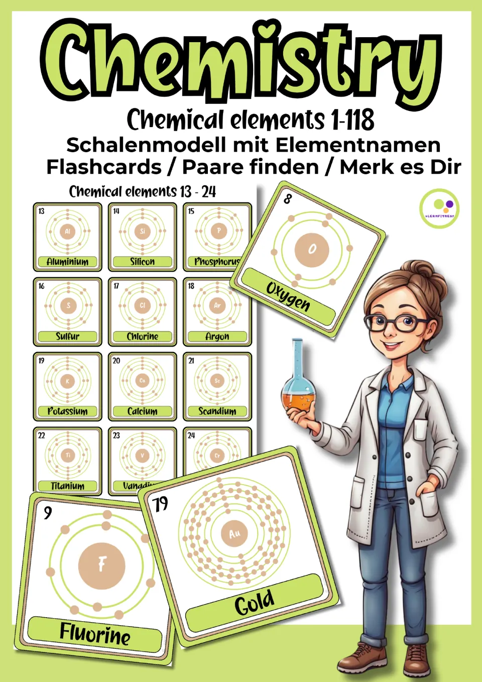 Alternate flashcard cover with German activity headings and sample oxygen, fluorine, and gold shell models