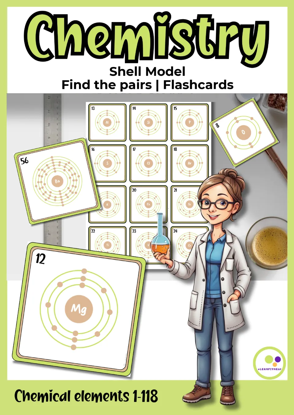 Cover for shell model flashcards covering elements 1–118, labeled 'Find the pairs' and showing sample cards
