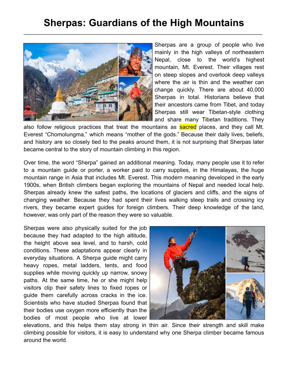 Sherpas of Nepal reading passage: students read about Sherpa life near Mt. Everest, Tibetan roots and work as guides