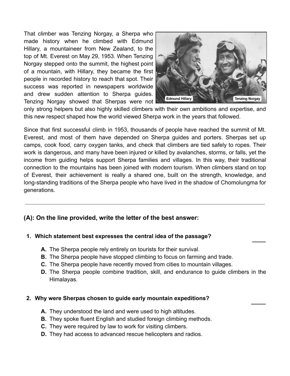 Tenzing Norgay and Edmund Hillary's 1953 Everest climb ends the passage; students then answer 2 multiple-choice questions