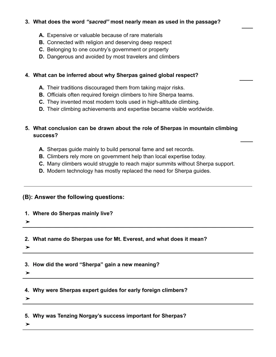 Sherpa comprehension questions: students pick letters on word meaning, inference and conclusions, then write 5 answers