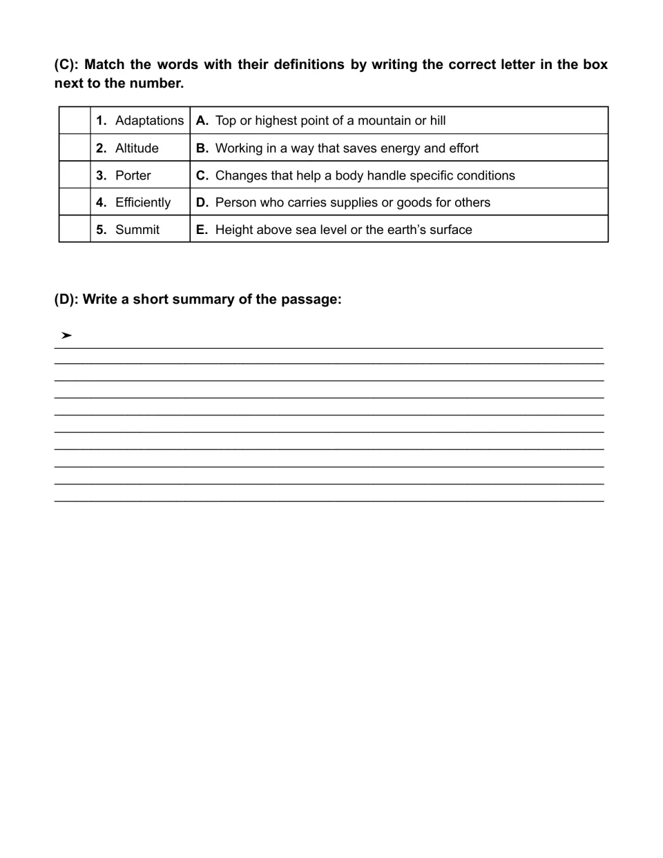 Sherpa vocabulary matching: students pair altitude, porter, summit and 2 more terms with definitions, then write a summary