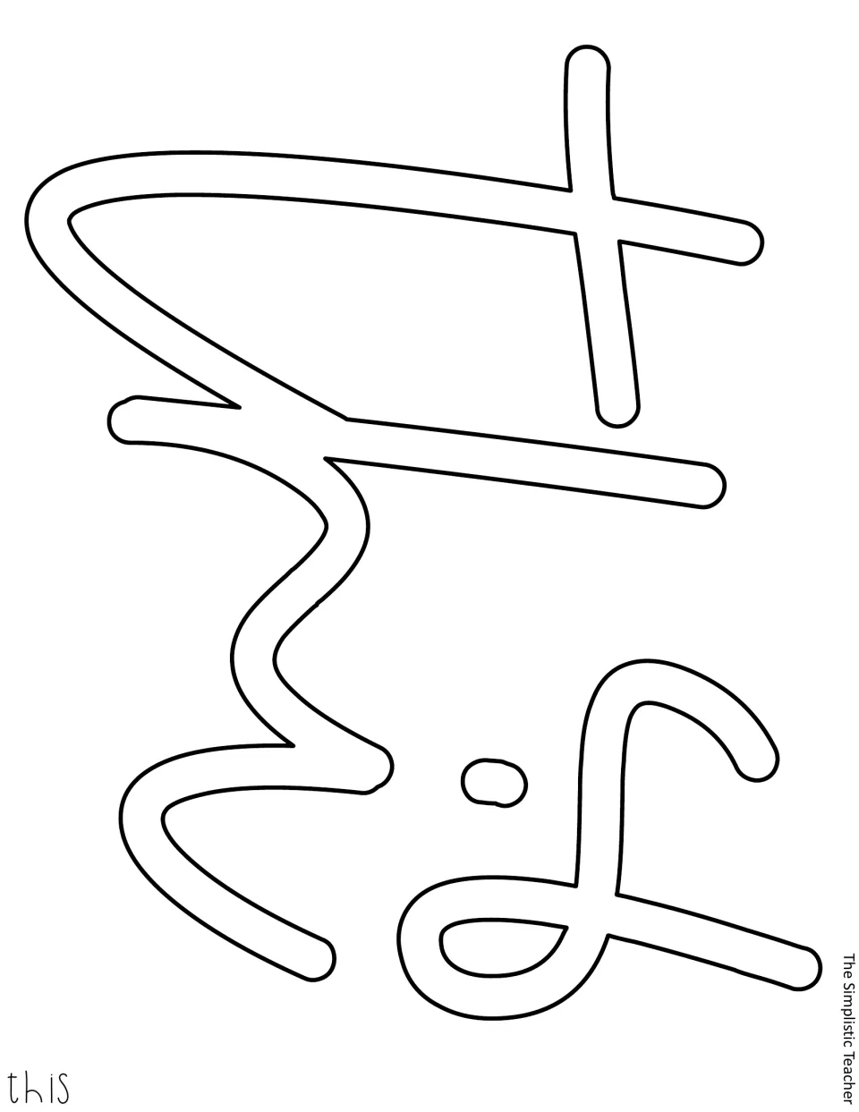 Outline letters t, h, i and s for the word this, printed large and sideways to cut out for the door message