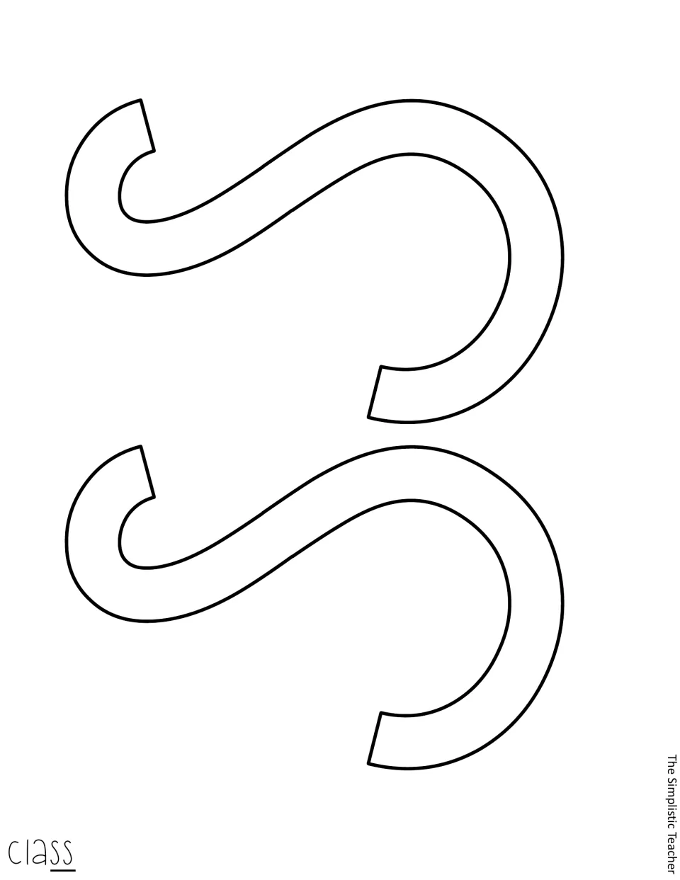 Two uncolored outline letter s shapes that finish the word class, printed sideways as blank cut-outs