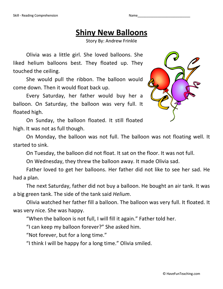 Shiny New Balloons Reading Comprehension Worksheet teaching resource preview