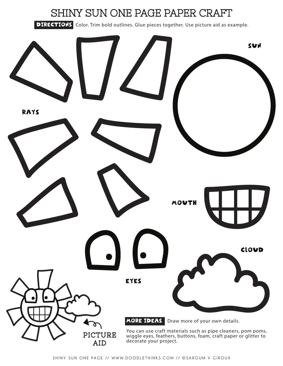 Sun paper craft template: students color, cut out and glue the sun circle, 7 rays, eyes, grinning mouth and a cloud
