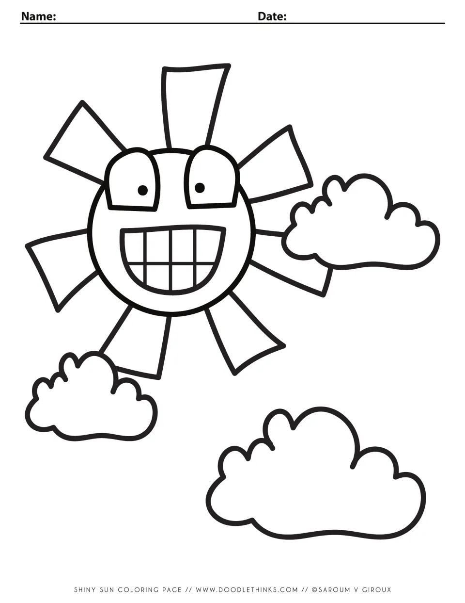 Shiny sun coloring page: a smiling sun with big eyes and rays beside three puffy clouds for students to color