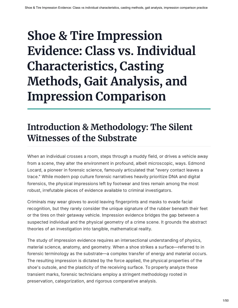Opening lesson introduces shoe and tire impression evidence, Locard's exchange theory, and substrates.