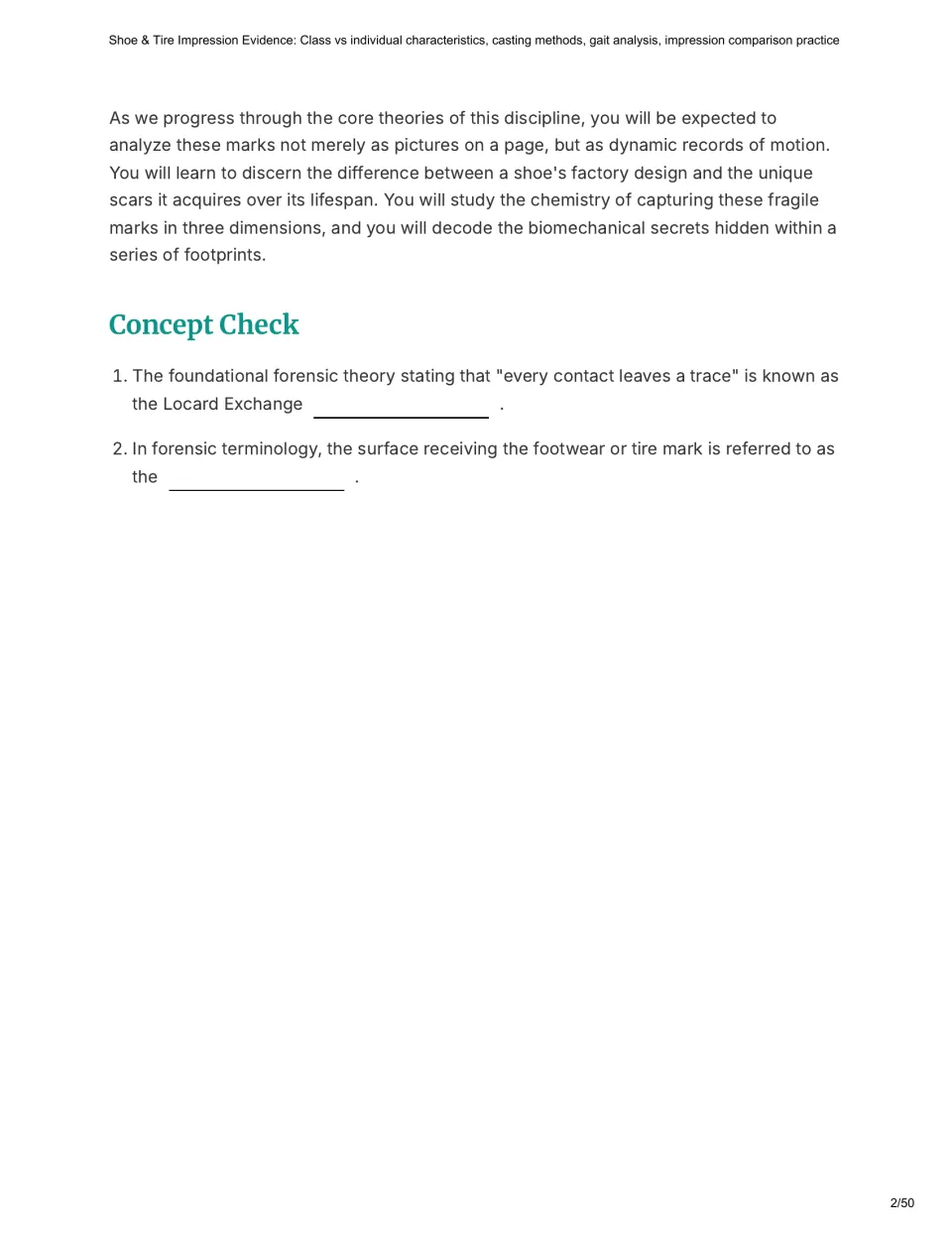 Introduction continues with learning expectations and two concept checks on Locard's theory and substrates.
