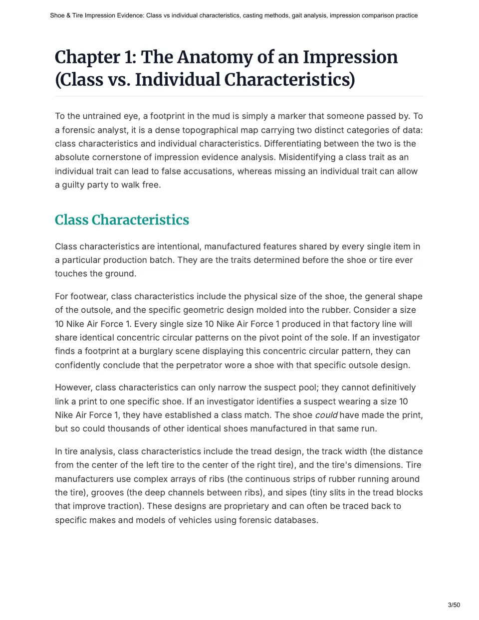 Chapter 1 reading explains class characteristics through shoe size, outsole design, and tire tread features.
