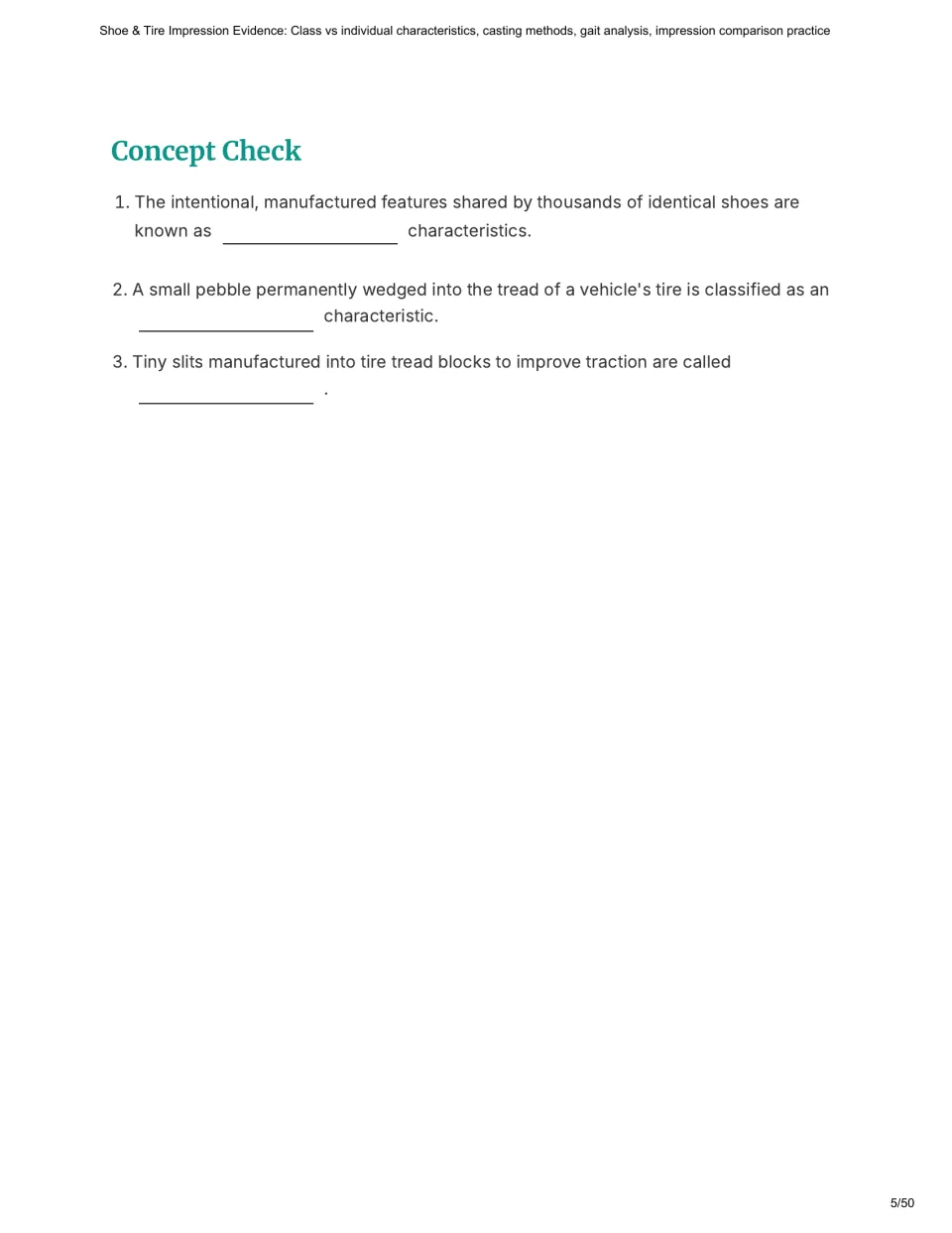 Chapter 1 concept check asks students to identify class characteristics, an individual characteristic, and sipes.