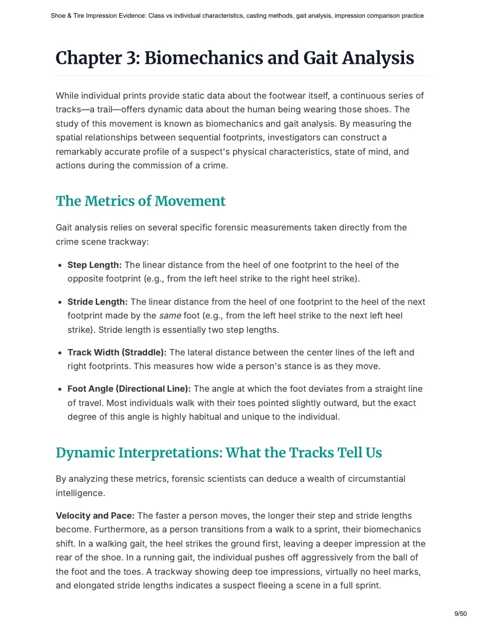 Chapter 3 reading defines step length, stride length, track width, and foot angle, then discusses pace.