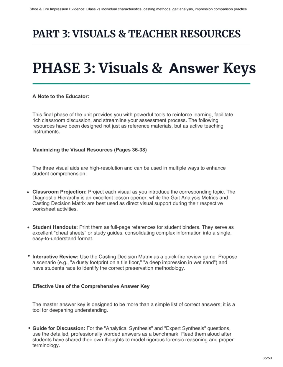 Teacher guidance introduces three visual aids and explains their classroom uses and use of the master answer key.
