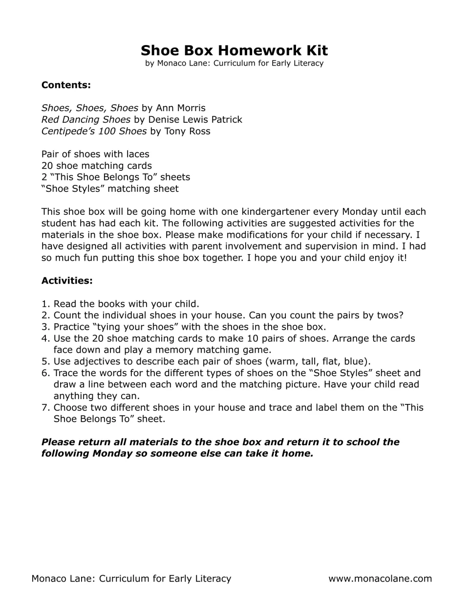 Take-home shoe kit letter listing 3 shoe books, kit contents and 7 parent-child activities like counting pairs by twos