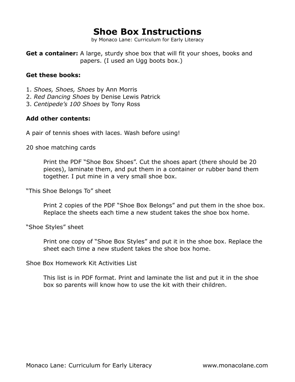 Teacher setup instructions: gather a sturdy shoe box, three shoe books, laced tennis shoes, cards and printed sheets